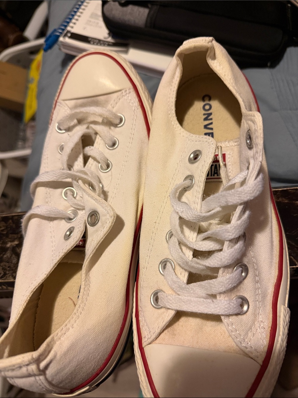 Converse Low Top Canvas Sneakers in White with Red Trim